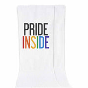 Pride inside rainbow design custom printed on the outside of comfy white cotton crew socks are the perfect accessory for your LGBTQ pride friends.