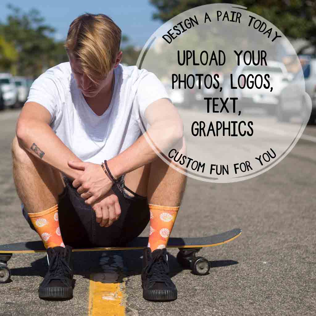 Customizable full print crew socks with an all-over design, shown in white with vibrant custom graphics—ideal for personalized gifts, photo socks, branding, or creative expression.