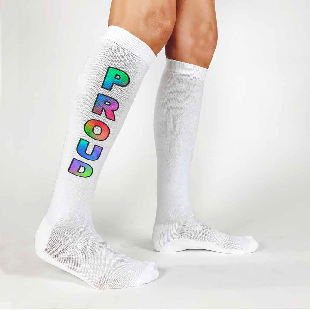 Proud rainbow design digitally printed on comfy white cotton knee high socks are perfect to wear for the LGBTQ gay pride parade.