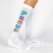 Rainbow proud design custom printed on the outside of white cotton knee high socks are perfect to show all you need is love to all your pansexual friends.