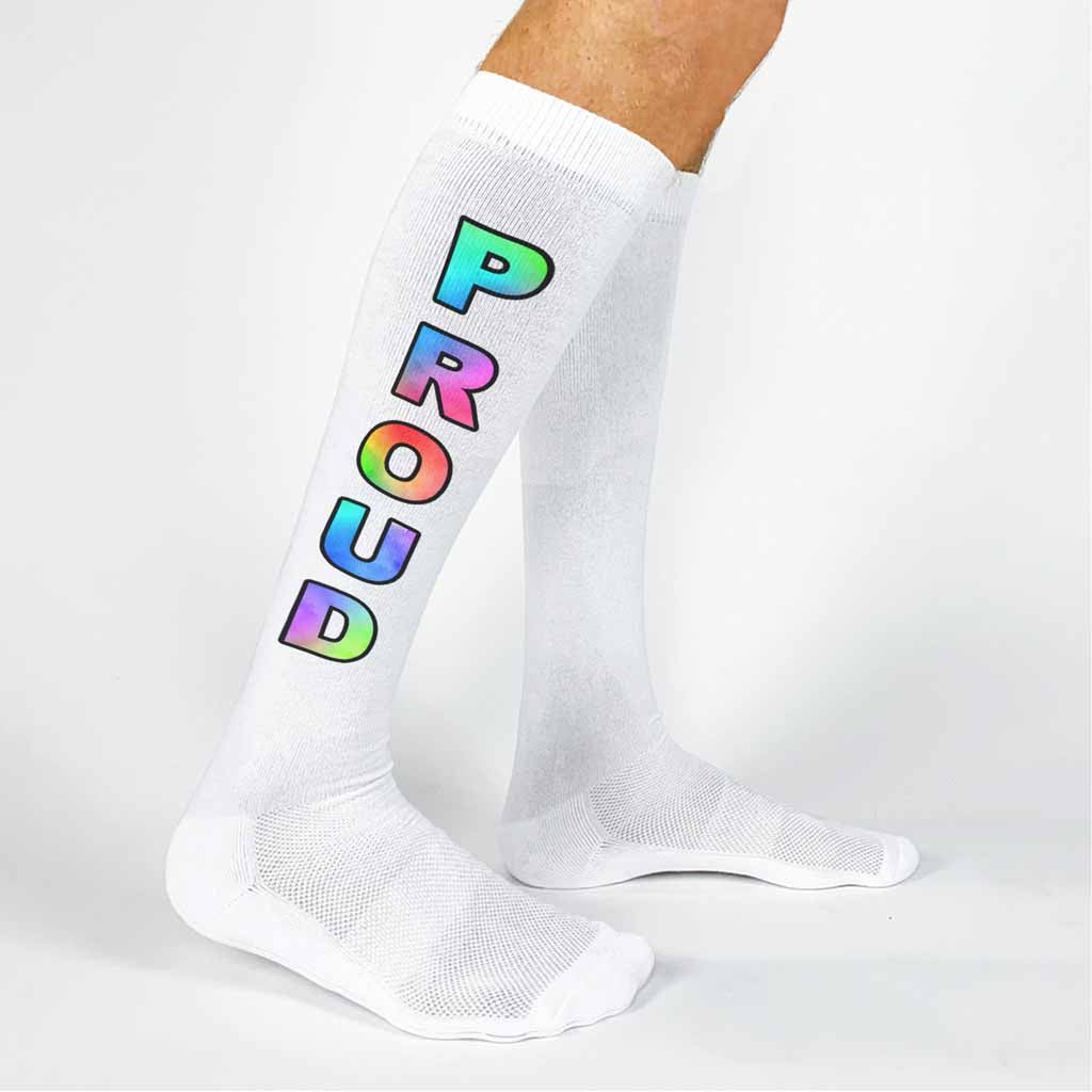 Rainbow proud design custom printed on the outside of white cotton knee high socks are perfect to show all you need is love to all your pansexual friends.