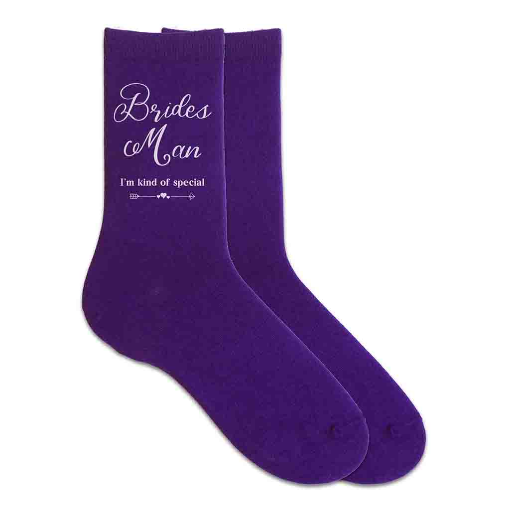 Brides man wedding party socks with fun saying I'm king of special digitally printed on the outside of both cotton socks.