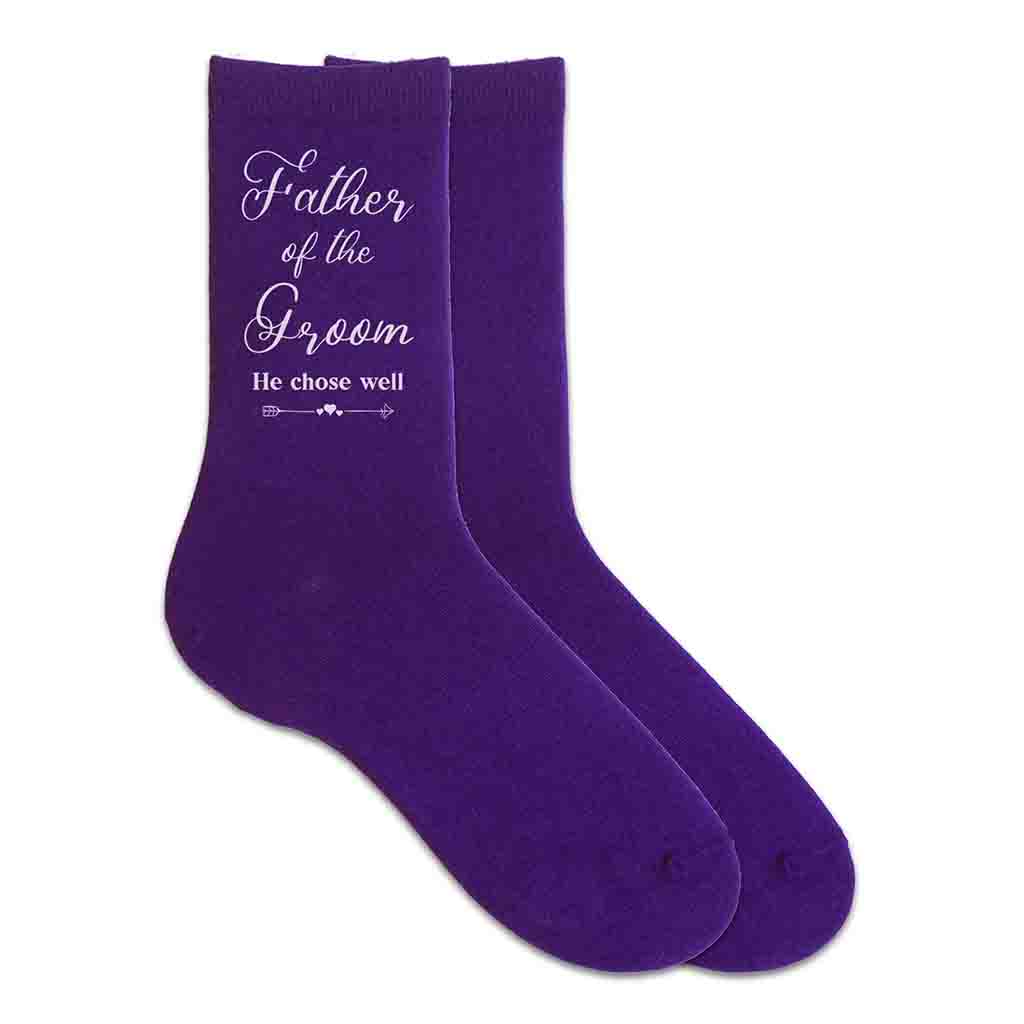 Father of the groom wedding party socks digitally printed with fun saying he chose well design printed on the outside of both socks.