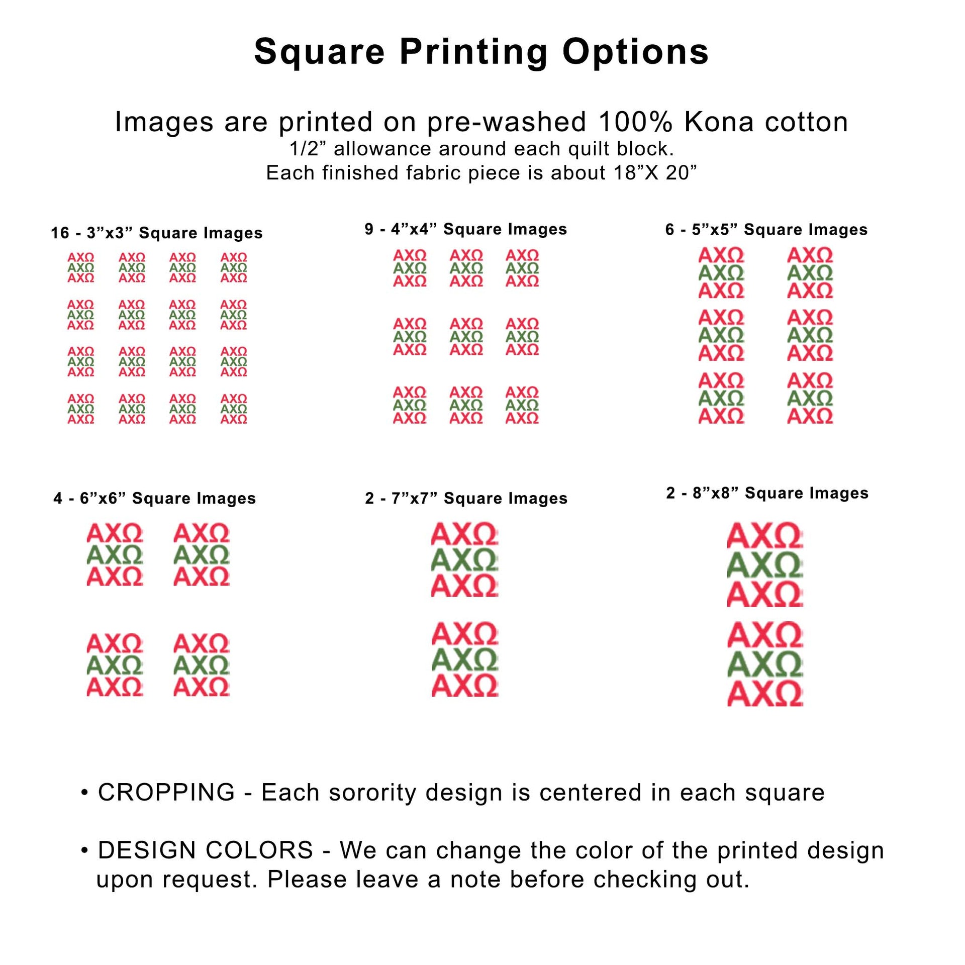 Sockprints offers several different size options for sorority quilt squares