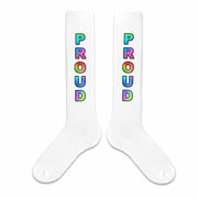 Rainbow proud design digitally printed on white cotton knee high socks are the perfect gift for your LGBTQ friends to support pride month.