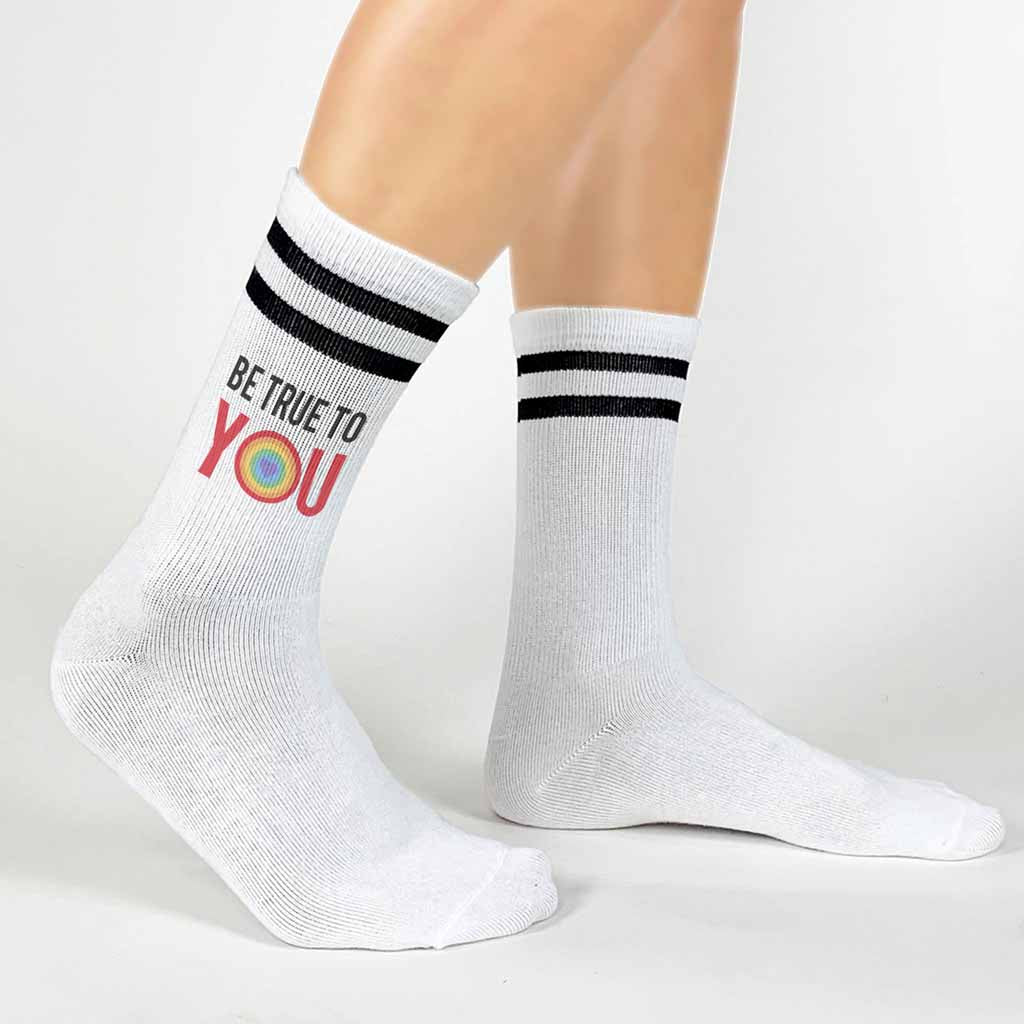 These be true to you custom printed design on white crew socks with black stripes with unisex sizing makes them suitable for everyone, allowing you to express your individuality and confidence regardless of gender.