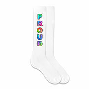 Gay pride cotton knee high socks digitally printed with rainbow proud design are the perfect socks to show all you need is love.
