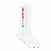 Rainbow created equal design custom printed on knee high socks are the perfect accessory to wear in support of pride month.