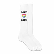 White cotton knee high socks custom printed with love is love rainbow heart design make the perfect accessory for the LBGTQ pride parade.
