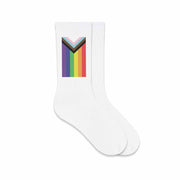Progress pride flag digitally printed on comfy white cotton crew socks are the perfect accessory to celebrate LGBTQ pride.