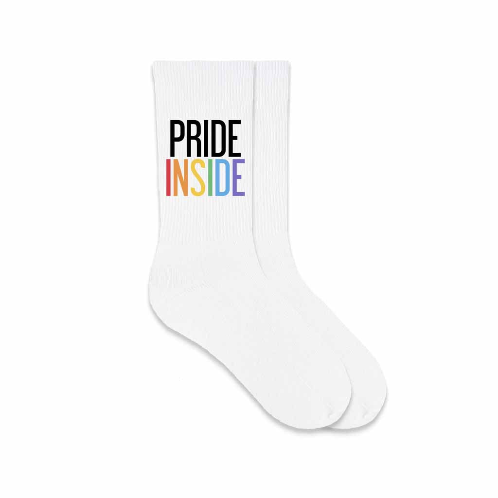 Our Pride Inside cotton crew socks, are a perfect way to celebrate love, inclusivity, and the spirit of Pride month!