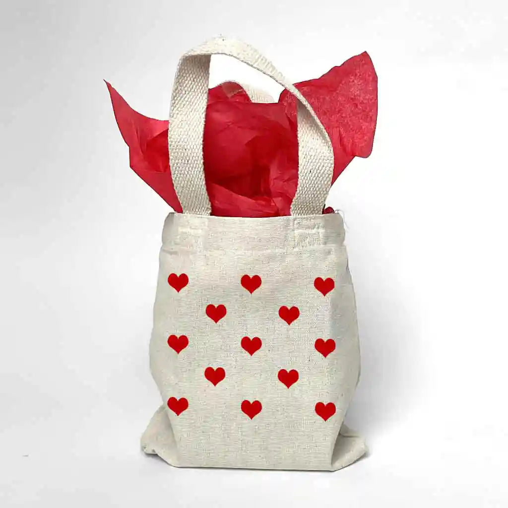Set of two mini tote gift bags digitally printed with valentine hearts.