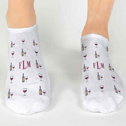 Red wine winery design digitally printed with your initials on white cotton no show socks in a gift box set.