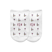 Personalized socks with red wine design custom printed on white cotton no show socks.
