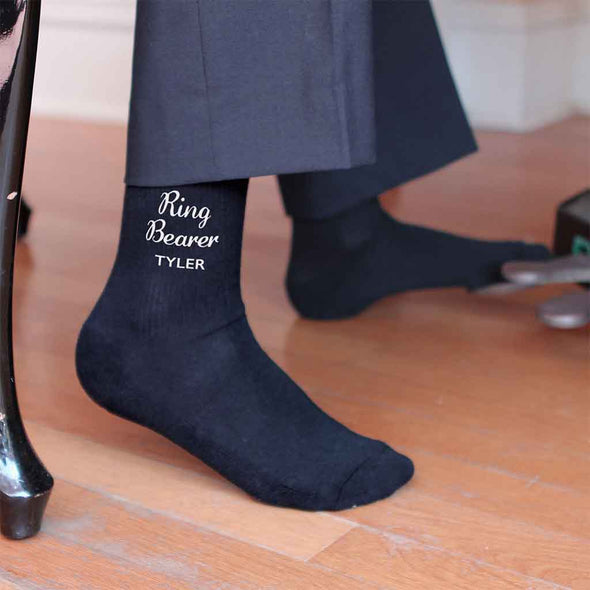 Flat knit black or navy wedding socks digitally printed with ring bearer and personalized with your name are the perfect accessory for your ring bearer.