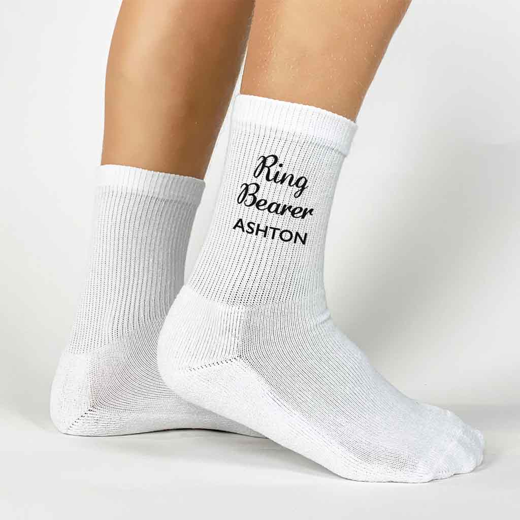 Ring bearer personalized wedding socks custom printed with your name made special for the ring bearer.