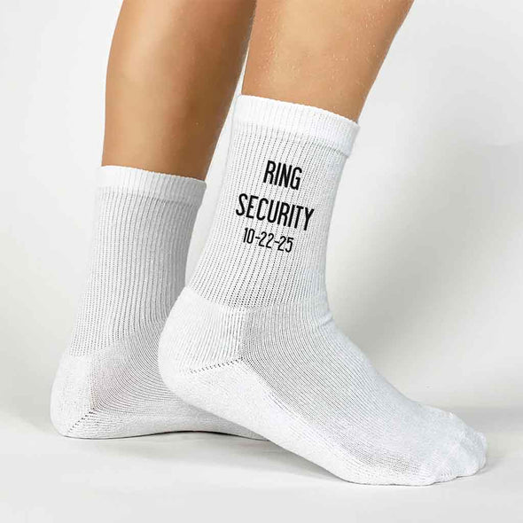 Ring security wedding socks custom printed and personalized with your wedding date on white ribbed crew socks.