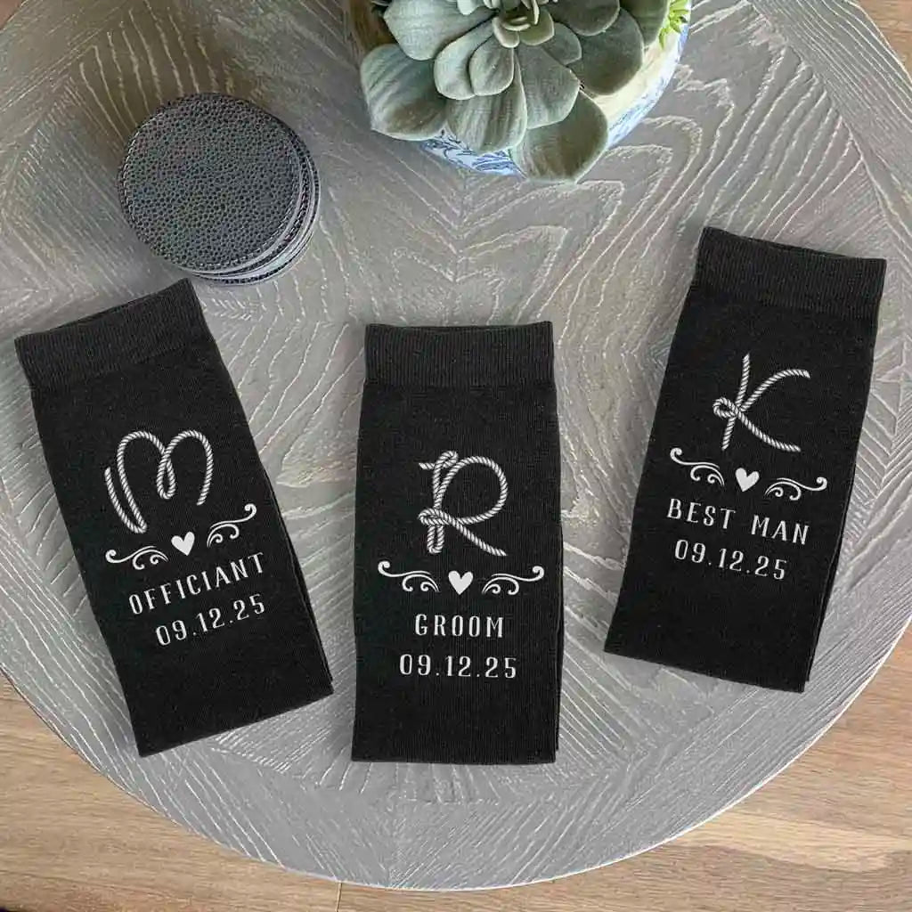 Western theme wedding socks custom printed with a rope letter monogram, your wedding role and date for your wedding party.
