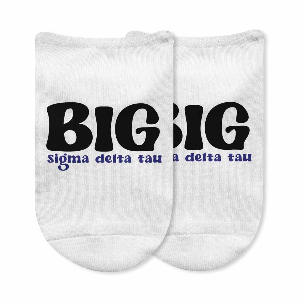 Sigma Delta Tau Big and Little sorority designs custom printed on the top of comfy white cotton no show socks.