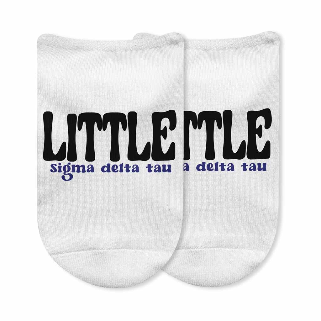 Sigma Delta Tau Big and Little sorority designs custom printed on the top of comfy white cotton no show socks.