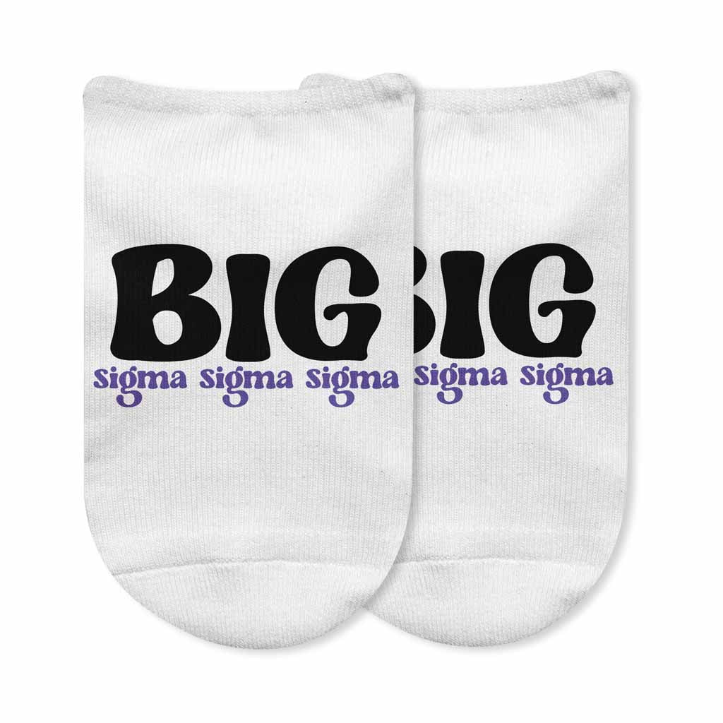 Sigma Sigma Sigma big and little designs custom printed on the top of comfortable white cotton no show socks.