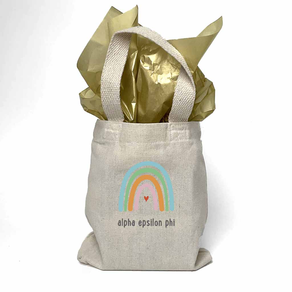 Sorority name printed with rainbow design on mini natural canvas tote bag makes the perfect gift for your sorority sisters.