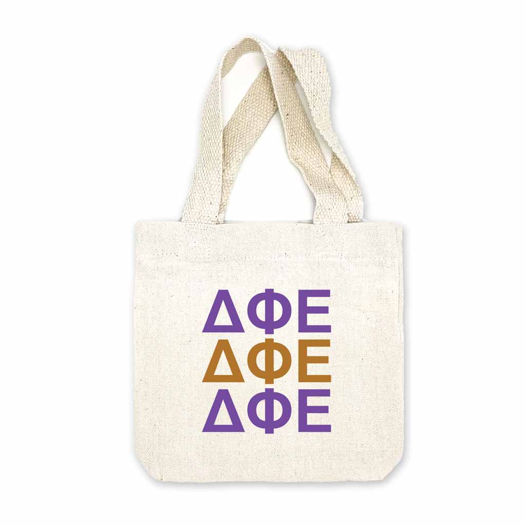 Delta Phi Epsilon sorority letters digitally printed in sorority colors on natural canvas mini tote gift bag.