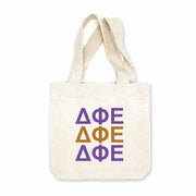 Delta Phi Epsilon sorority letters digitally printed in sorority colors on natural canvas mini tote gift bag.