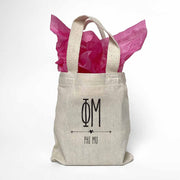 Phi Mu sorority name and letters digitally printed in black ink boho design on natural canvas mini tote gift bag.