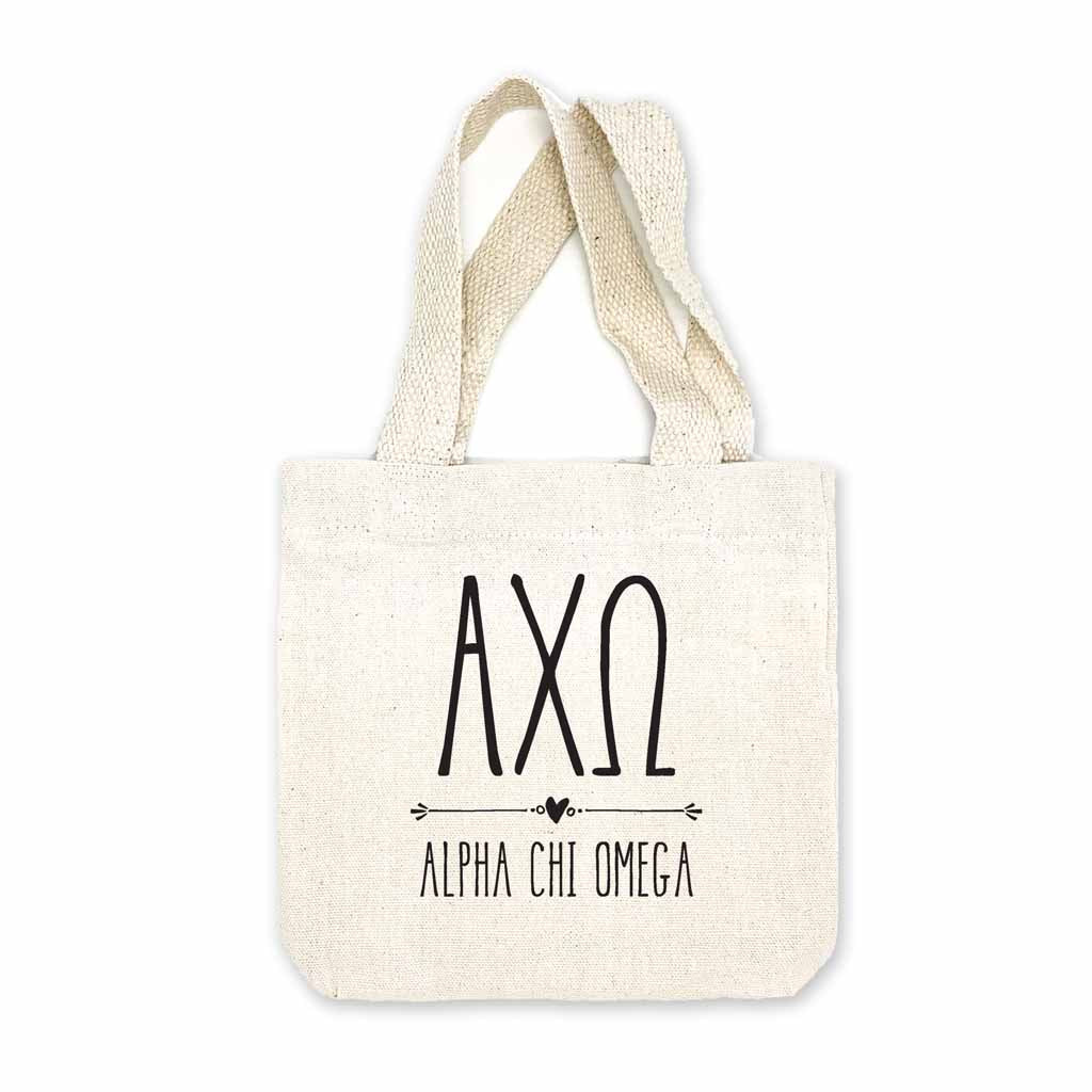 Alpha Chi Omega sorority name and letters digitally printed in black ink boho design on natural canvas mini tote gift bag.