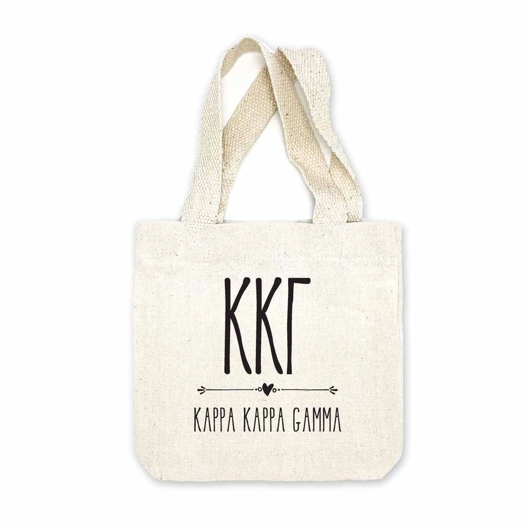 Kappa Kappa Gamma sorority name and letters digitally printed in black ink boho design on natural canvas mini tote gift bag.
