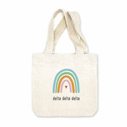 Delta Delta Delta sorority name digitally printed with rainbow design on natural canvas mini tote gift bag.