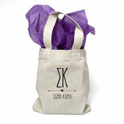  Sigma Kappa sorority name and letters digitally printed in black ink boho design on natural canvas mini tote gift bag.