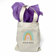 Sorority name printed with rainbow design on mini natural canvas tote bag makes the perfect gift for your sorority sisters.