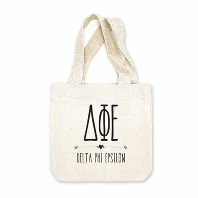 Delta Phi Epsilon  sorority name and letters digitally printed in black ink boho design on natural canvas mini tote gift bag.