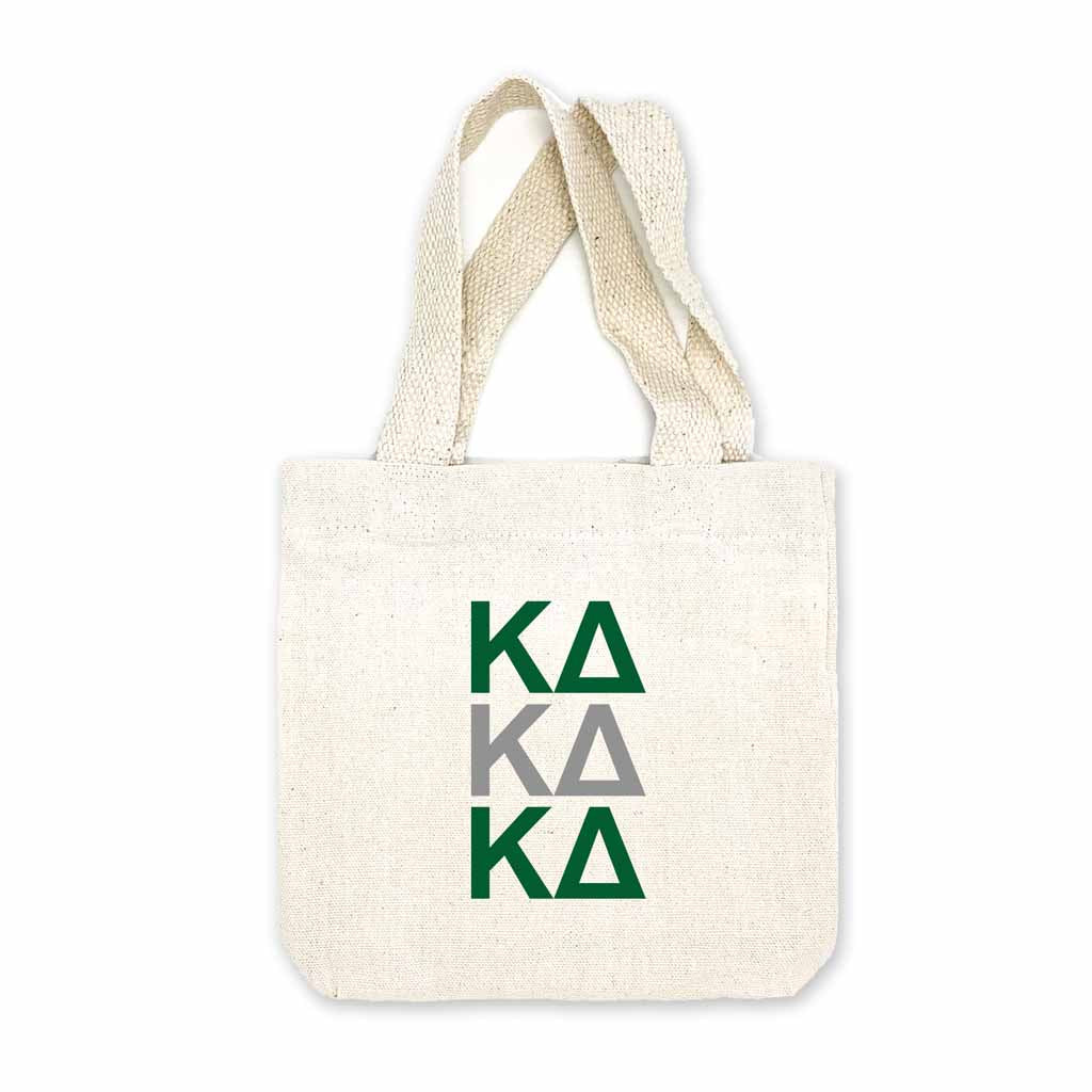 Kappa Delta sorority letters digitally printed in sorority colors on natural canvas mini tote gift bag.