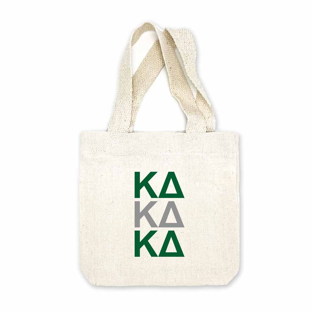 Sorority greek letters printed in sorority colors on natural canvas mini tote gift bag.