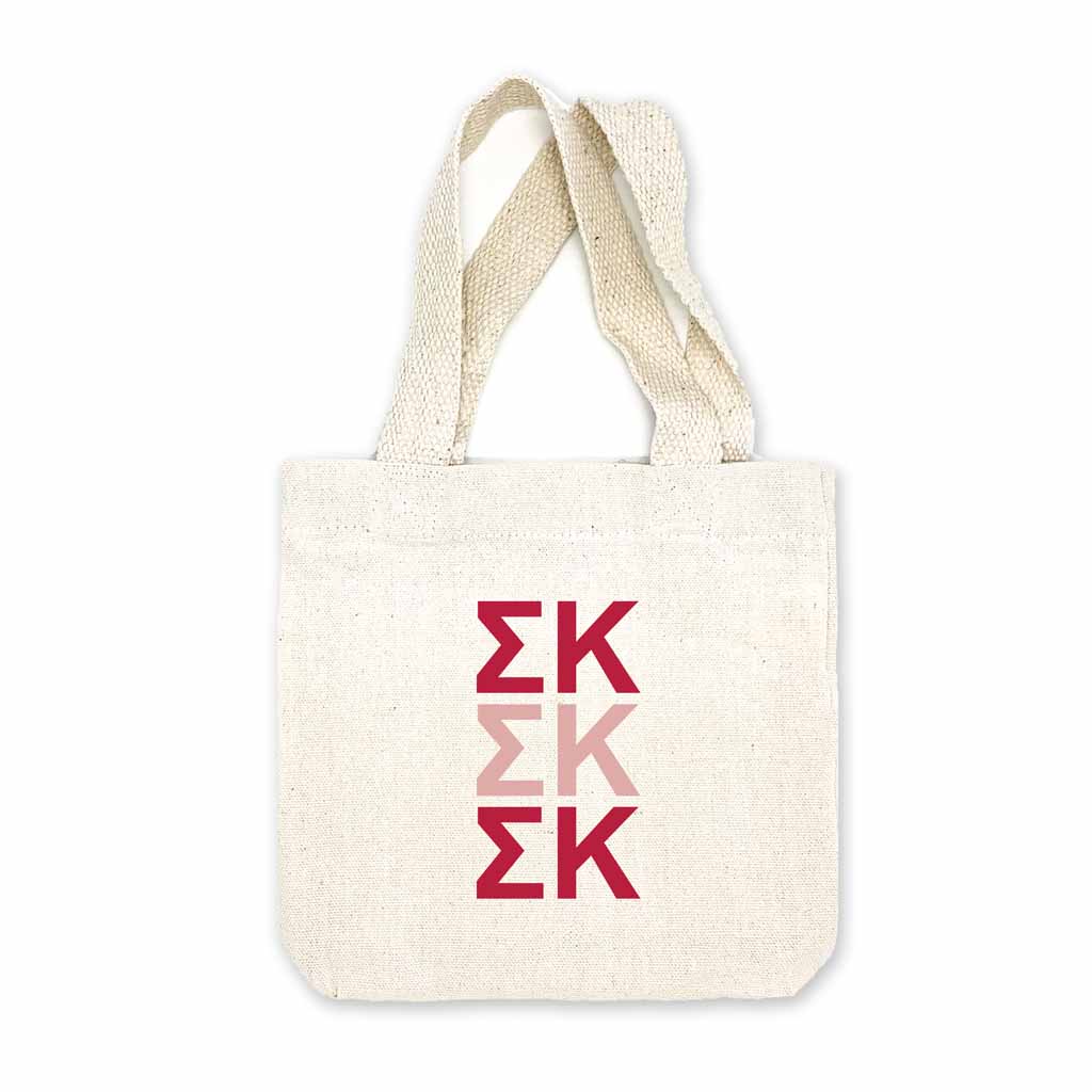 Sigma Kappa sorority letters digitally printed in sorority colors on natural canvas mini tote gift bag.