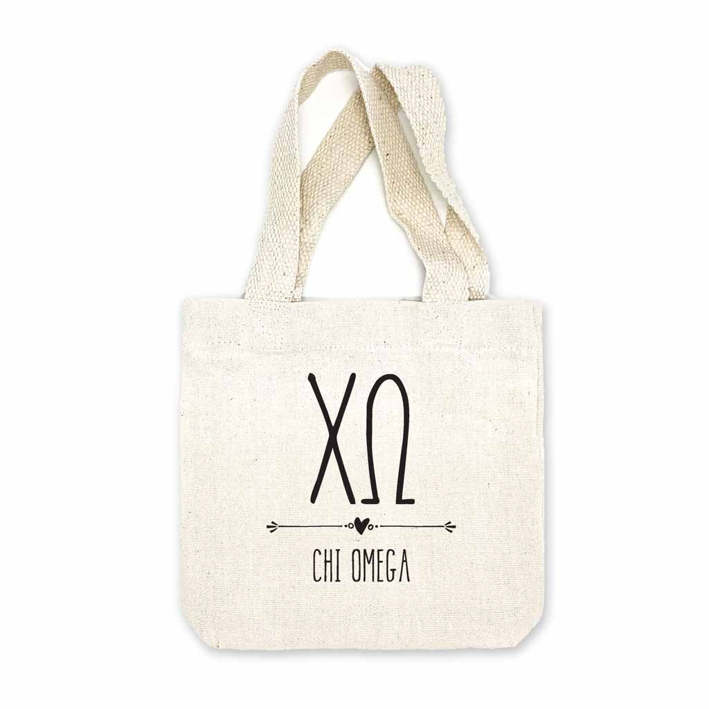 Chi Omega sorority name and letters digitally printed in black ink boho design on natural canvas mini tote gift bag.