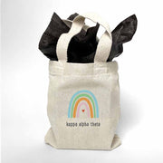 Sorority name printed with rainbow design on mini natural canvas tote bag makes the perfect gift for your sorority sisters.