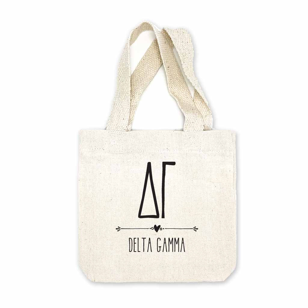 Delta Gamma sorority name and letters digitally printed in black ink boho design on natural canvas mini tote gift bag.