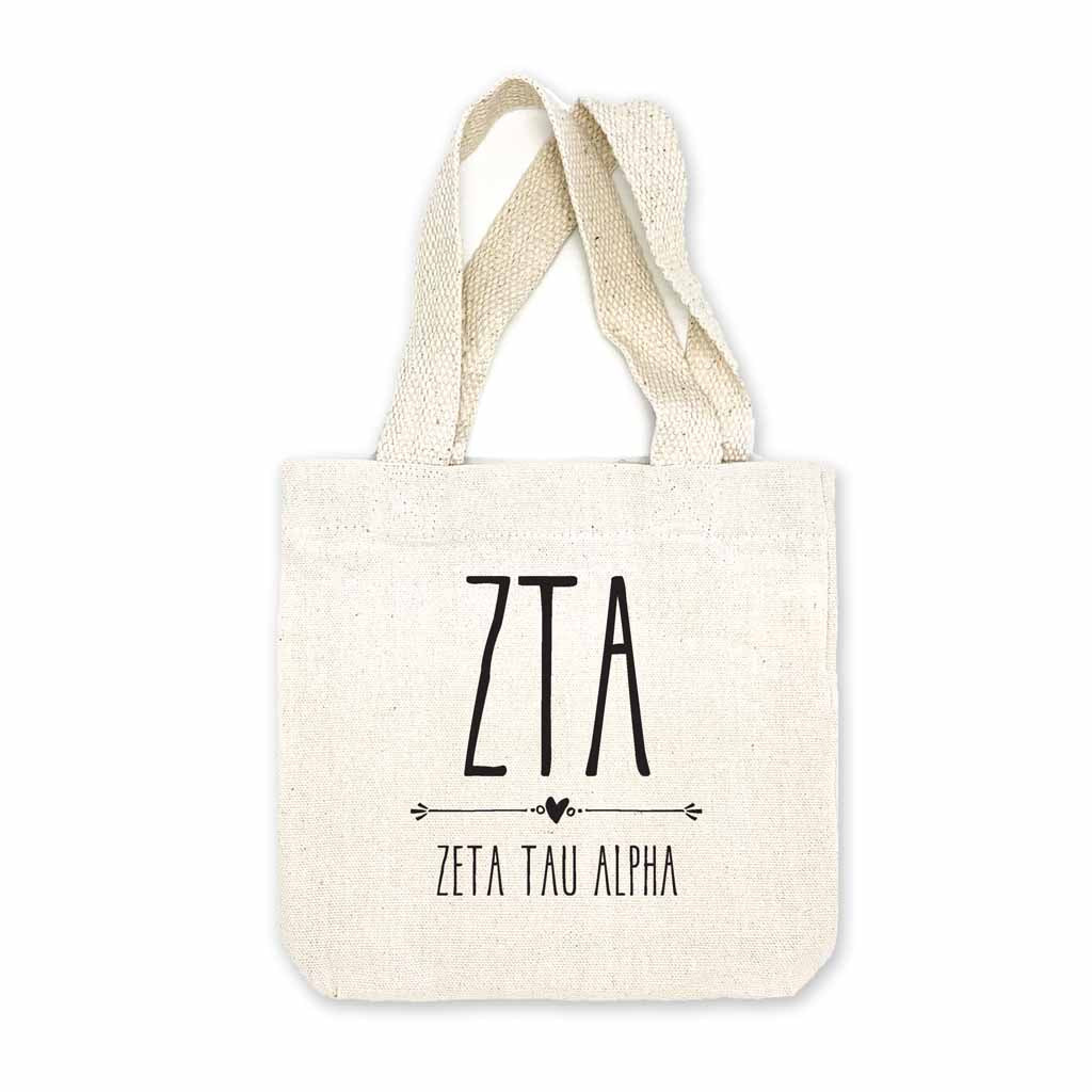 Zeta Tau Alpha sorority name and letters digitally printed in black ink boho design on natural canvas mini tote gift bag.