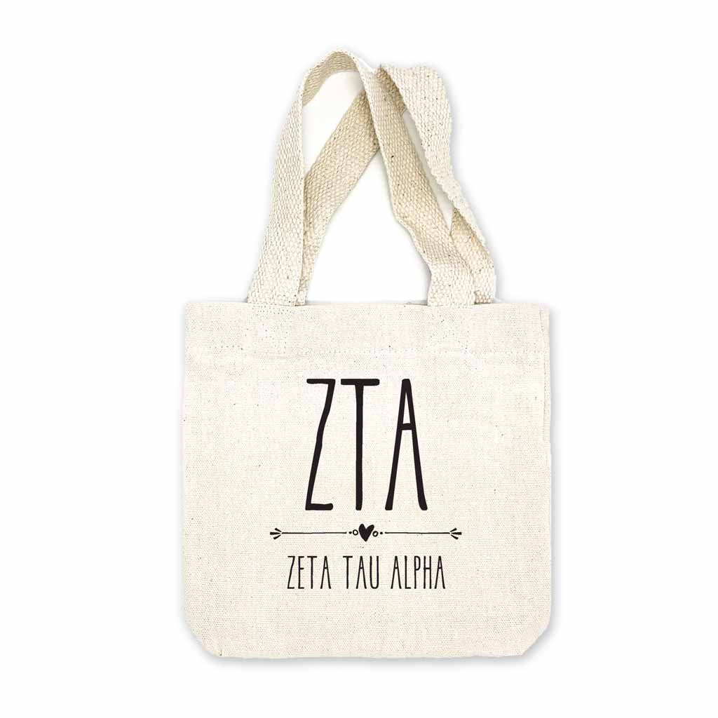 Sorority name printed with boho design on mini natural canvas tote bag makes the perfect gift for your sorority sisters.