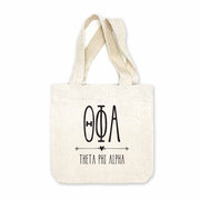 Theta Phi Alpha sorority name and letters digitally printed in black ink boho design on natural canvas mini tote gift bag.