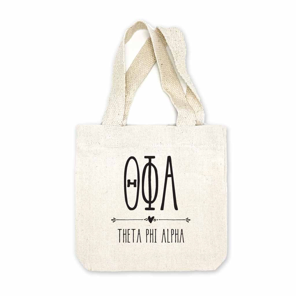 Theta Phi Alpha sorority name and letters digitally printed in black ink boho design on natural canvas mini tote gift bag.