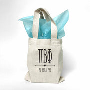 Pi Beta Phi sorority name and letters digitally printed in black ink boho design on natural canvas mini tote gift bag.