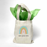 Sorority name printed with rainbow design on mini natural canvas tote bag makes the perfect gift for your sorority sisters.