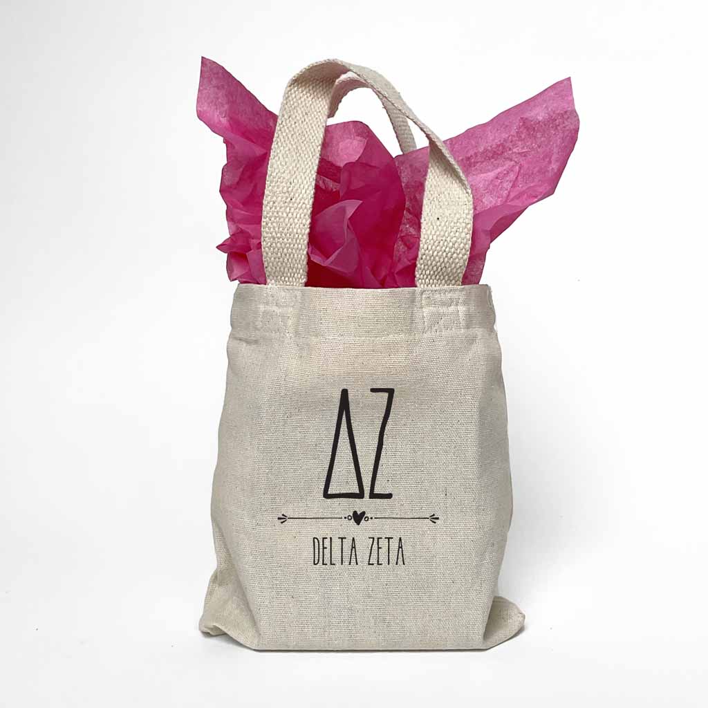 Sorority name printed with boho design on mini natural canvas tote bag makes the perfect gift for your sorority sisters.