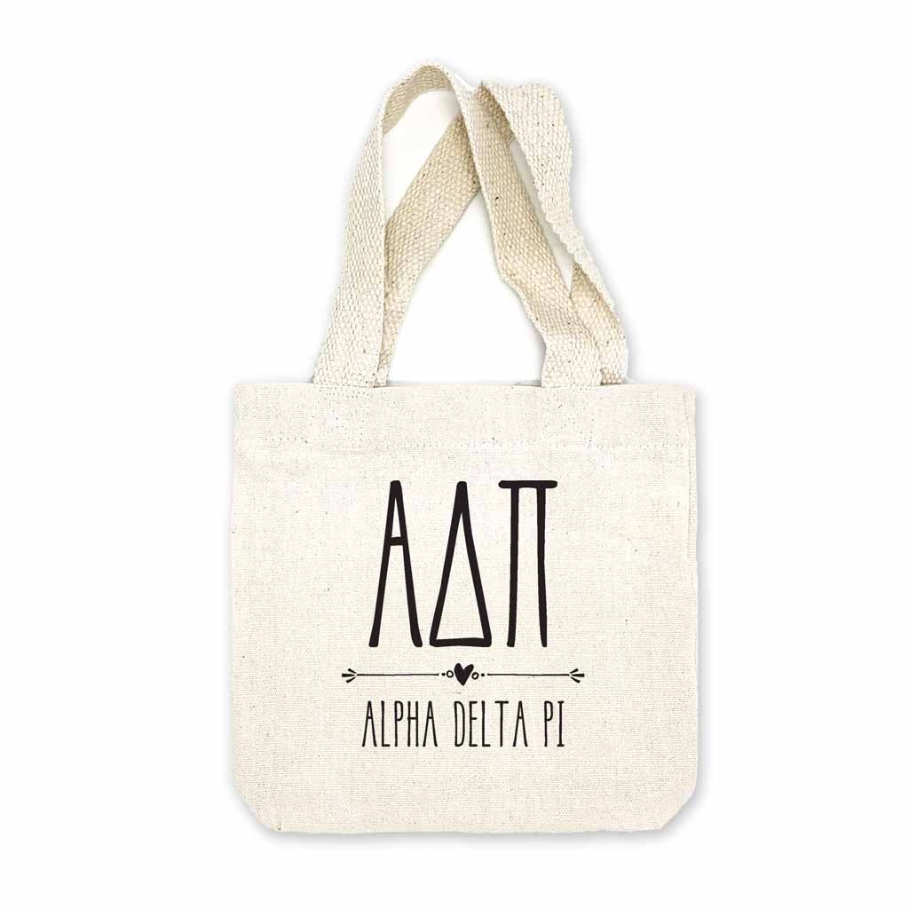 Alpha Delta Pi sorority name and letters digitally printed in black ink boho design on natural canvas mini tote gift bag.