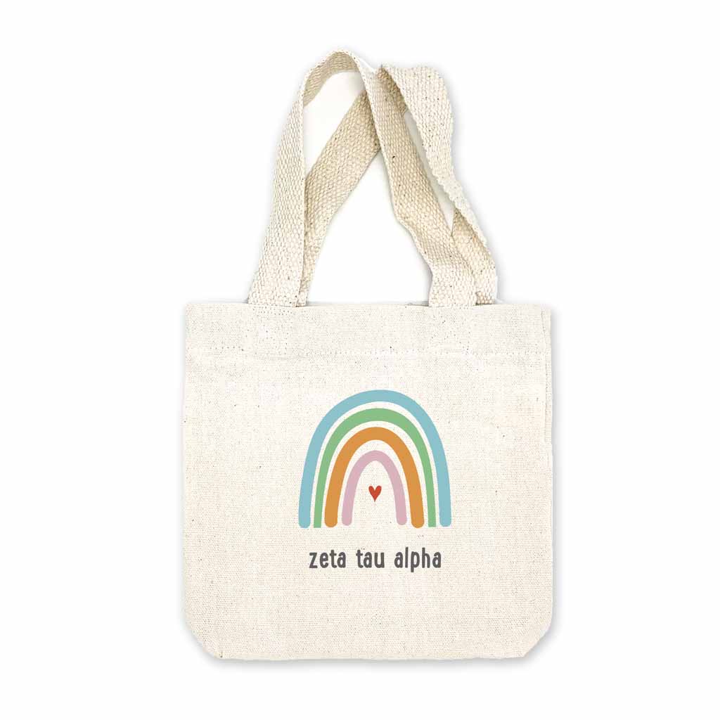 Zeta Tau Alpha sorority name digitally printed with rainbow design on natural canvas mini tote gift bag.